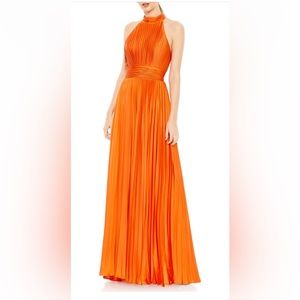 Ieena for Mac Duggal Halter Pleat A-Line Gown - Orange Sunset Size 8